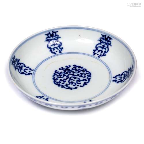 Blue and white porcelain saucer dish Chinese, 19th century centrally decorated with a stylised lotus