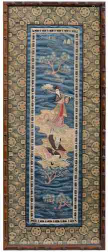 Silk panel Chinese, 19th/20th century embroidered with a depiction of two dancing figures within a