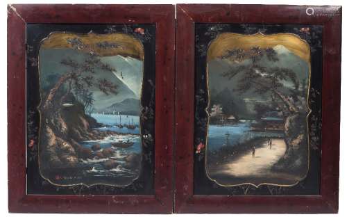 Pair of lacquer panels Japanese, circa 1930 each with painted landscape 93cm x 72cm
