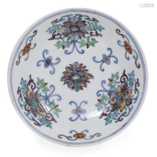 Doucai enamelled shallow saucer dish Chinese, 19th Century decorated centrally with a stylised 