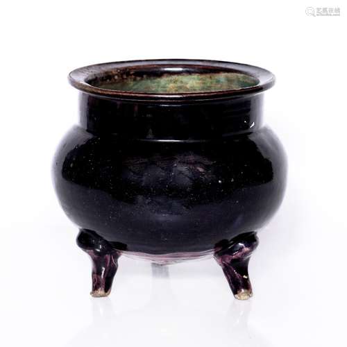 Deep aubergine and green glazed three footed bowl Vietnamese, 16th/17th Century of cauldron form