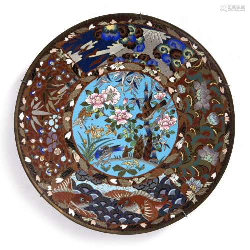 Cloisonne enamel dish Japanese, Meiji Period centrally decorated with birds and flowers amidst