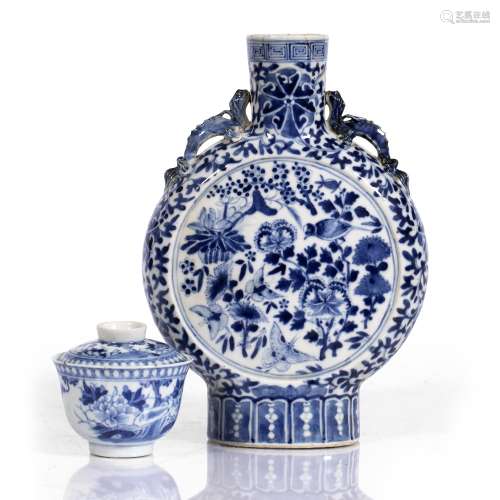 Blue and white moon flask Chinese, 19th century painted depicting flowers and birds, with two