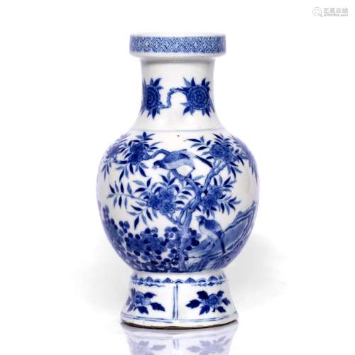 Porcelain blue and white baluster vase Chinese, 19th Century rock work and birds beneath flowering