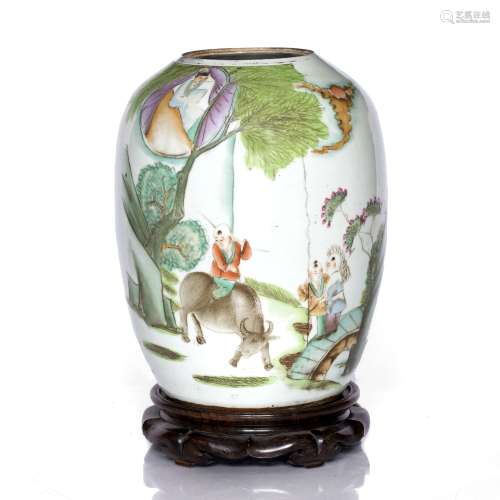 Famille rose vase Chinese, early 20th Century painted with travelling figures, on a hardwood