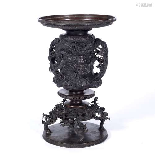 Bronze vase Japanese, late Meiji with encircling dragon and bamboo handles 51cm high