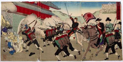 Two woodblocks Japanese the first titled ' Minster Otori escorts the Korean king into the