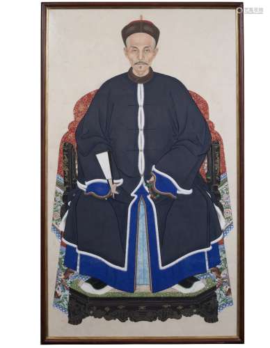 Ancestral painting Chinese, 19th/20th century showing an official in winter dress, ink on paper