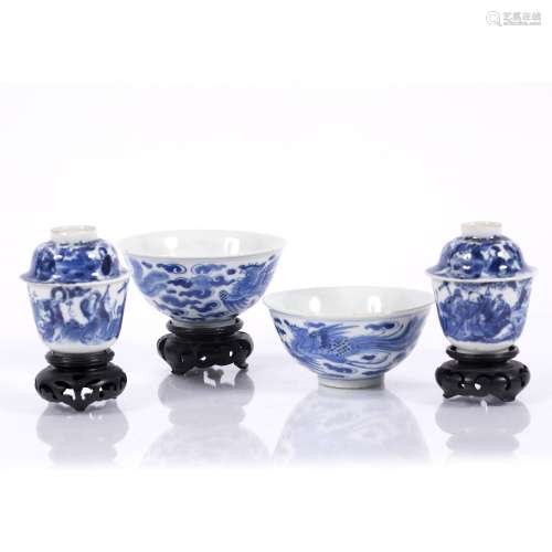 Pair of blue and white bowls Chinese, 19th Century both with Guangxu mark, depicting phoenix,