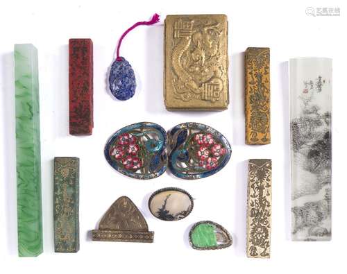 Group of enamel brooches, buckles, ink stones and jadeite Chinese, 20th Century