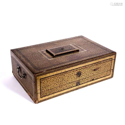 Export lacquer box Chinese, 19th Century with fitted interior and compartments, ivory and bone