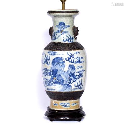 Crackleware vase/table lamp Chinese, 19th Century painted in underglaze blue with dogs of fo, clouds