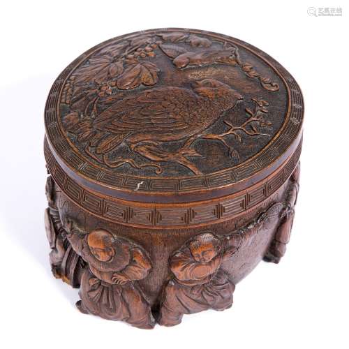 Bamboo bowl Chinese, 19th Century of circular form with hardwood lid, the box carved in relief