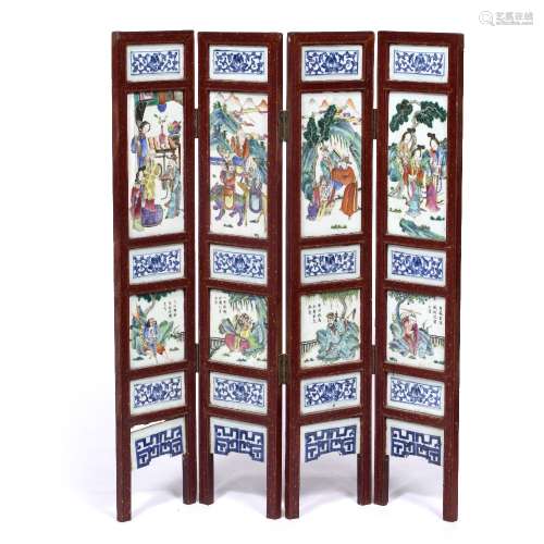 Four fold table screen Chinese, late 19th Century made up of polychrome and blue and white tile