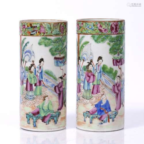 Pair of Cantonese brush pots Chinese, 19th Century painted with courtiers on a terrace 21cm high