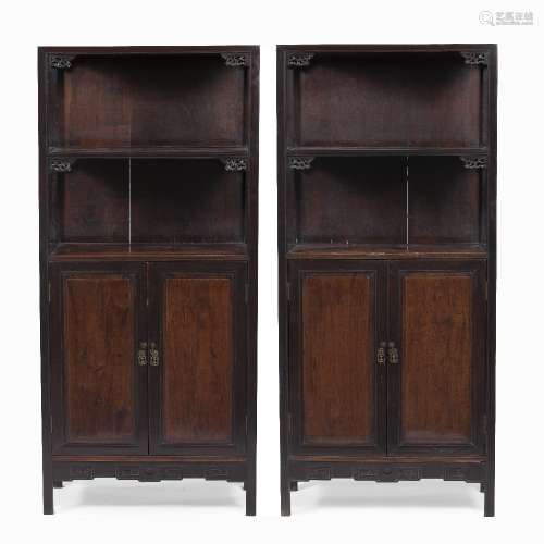 Pair of hardwood cabinets Chinese, 19th Century each with two open shelves and with cupboards