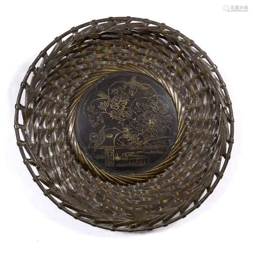 Bronze basket work shallow dish Japanese, Meiji with circular panel of birds and flowers, signed