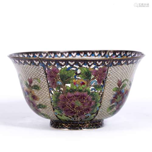 Cloisonne open work bowl Chinese, early 20th Century of lobed form with panels of flowers 18cn