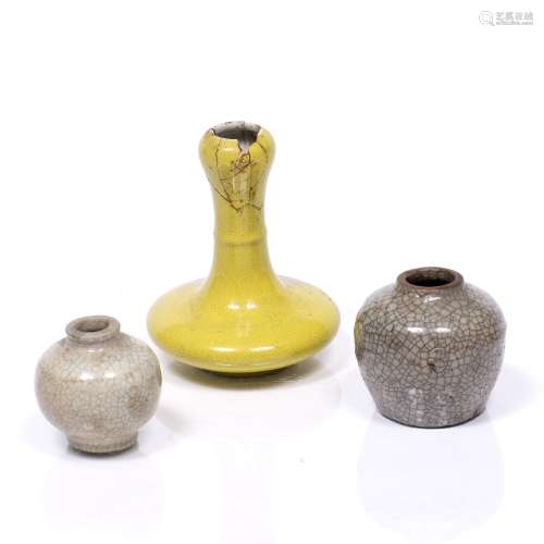 Three crackle ware pieces Chinese to include a small yellow ground vase 12.5cm, mark to base and two