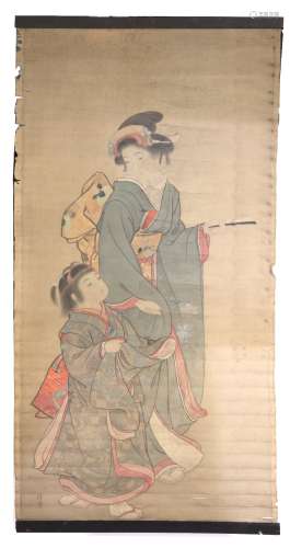 Silk ukiyo-e Japanese painted with Geisha and an Oiran in kimono dress, signed in grass writing or
