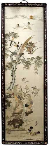 Pair of silk embroidered studies Chinese, 19th Century depicting peacock, swifts and other birds