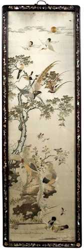 Pair of silk embroidered studies Chinese, 19th Century depicting peacock, swifts and other birds