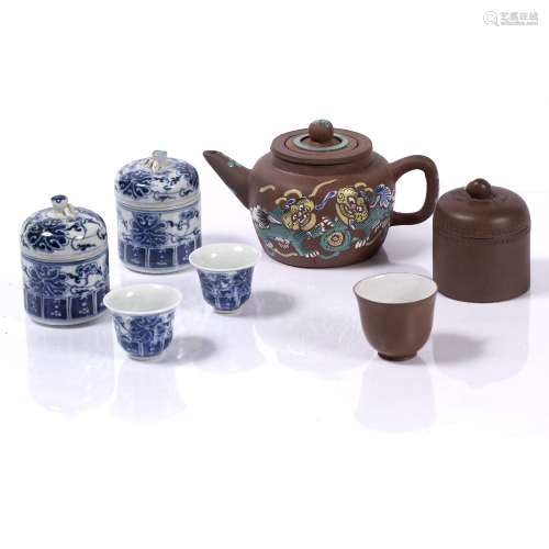 Yixing teapot Chinese, 19th/20th Century and three hot water tea bowls