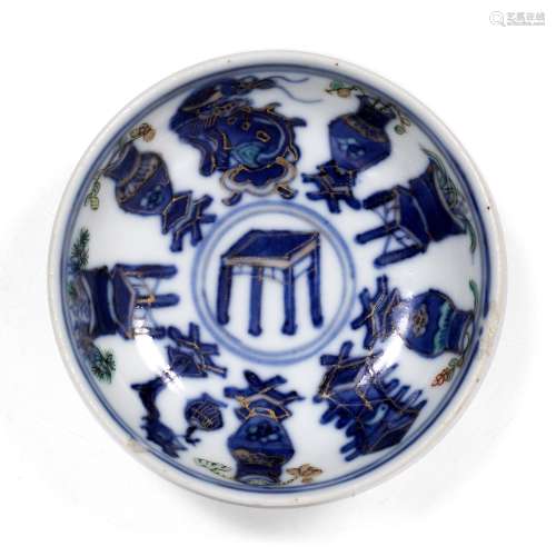 Gilt highlighted blue and white miniature saucer dish Chinese decorated centrally with a four legged