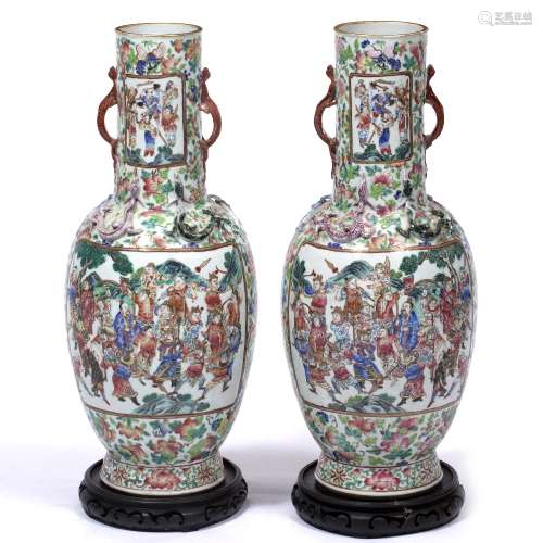 Pair of large Canton bottle vases Chinese, 19th Century painted in enamels with scenes of