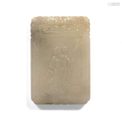 White jade rectangular pendant plaque Chinese, 18th Century decorated to one side with a female