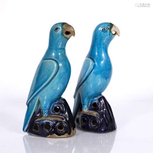 Pair of turquoise glazed parrots Chinese, late Kangxi (1662 - 1722) with black glazed pupils and