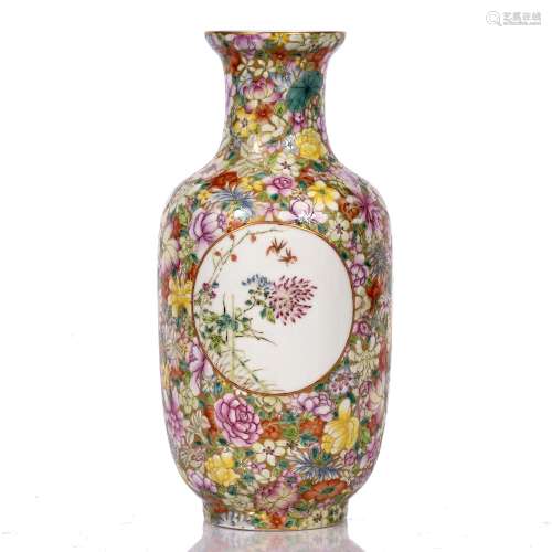 Mille fleur vase Chinese, early 20th Century painted with circular panels of birds and blossom, over