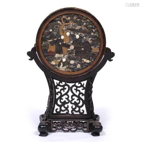 Hardstone roundel Chinese, 19th century on a carved hardwood stand, the panel with hardstone mounts