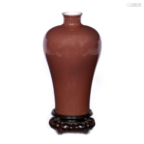 Monochrome peach Meiping vase Chinese, 19th Century with hardwood stand 20cm high