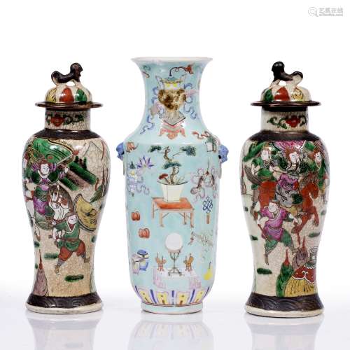 Pair of crackleware vases Chinese, 19th Century 30cm and turquoise Chinese baluster vase painted