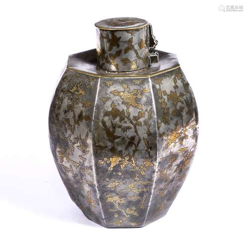 Large pewter tea caddy Chinese, late 18th/19th Century of octagonal form, each panel having birds