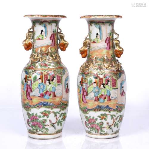 Pair of Canton small vases Chinese, 19th Century panels of birds and figures 26cm