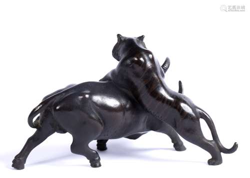 Bronze group of tiger attacking a standing water buffalo Japanese, Meiji Period impressed