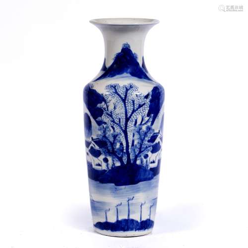 Blue and white tapering porcelain vase Chinese, 19th Century painted with river landscape scene,
