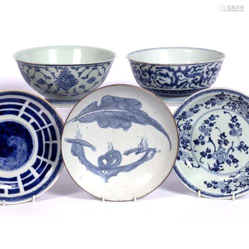 Two Provincial blue and white porcelain bowls Chinese, 17th/18th Century 18.5cm and three Chinese