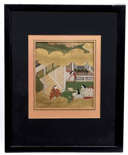 Three paintings Japanese, 19th Century depicting 'The Tale of Genji', each mounted in a contemporary