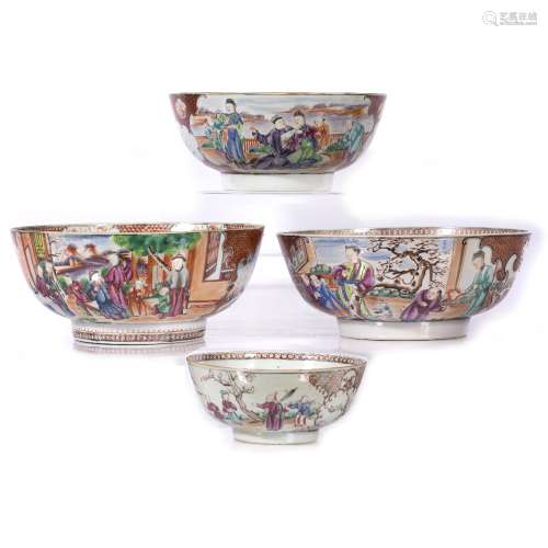 Four Mandarin porcelain bowls Chinese, Qianlong (1736-1795) each with figures painted around the