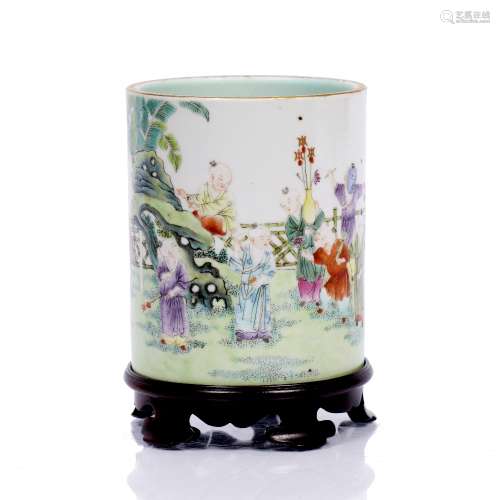 Cylindrical porcelain brush pot Chinese, 19th Century painted in enamels with children playing in