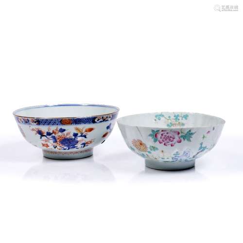 Two punch bowls Chinese the first decorated in ribbed form, depicting flowers 10cm high x 24cm