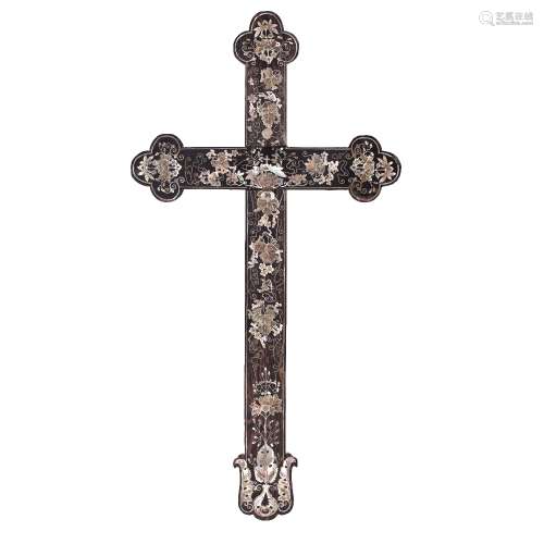Mother of pearl inlaid wood Apostle cross Chinese, 18th Century possibly Macau, the inlay in the