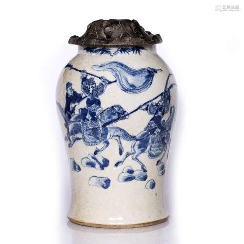 Blue and white vase Chinese, 19th century of baluster form, depicting soldiers on horse back
