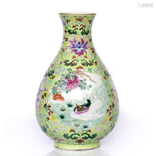 Pale green baluster vase Chinese, 19th /early 20th Century painted to one side with panel of duck