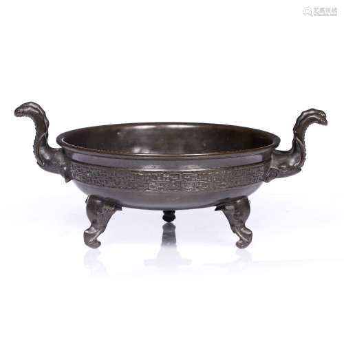 Bronze incense bowl Chinese, 18th/19th Century of shallow rounded form, with raised tusk twin