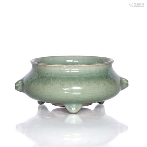 Celadon two handled tripod incense burner Chinese Checkian, Ming period of compact rounded form with