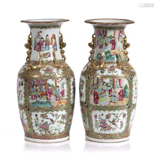 Pair of Canton baluster vases Chinese, 19th Century each painted in polychrome enamels with birds,